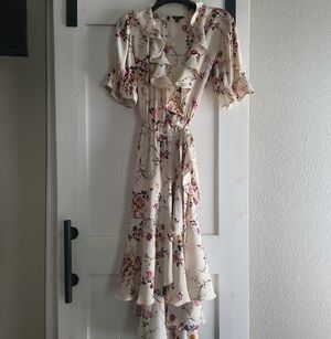 BUFFALO Cream Floral Ruffle High Low Wrap Dress